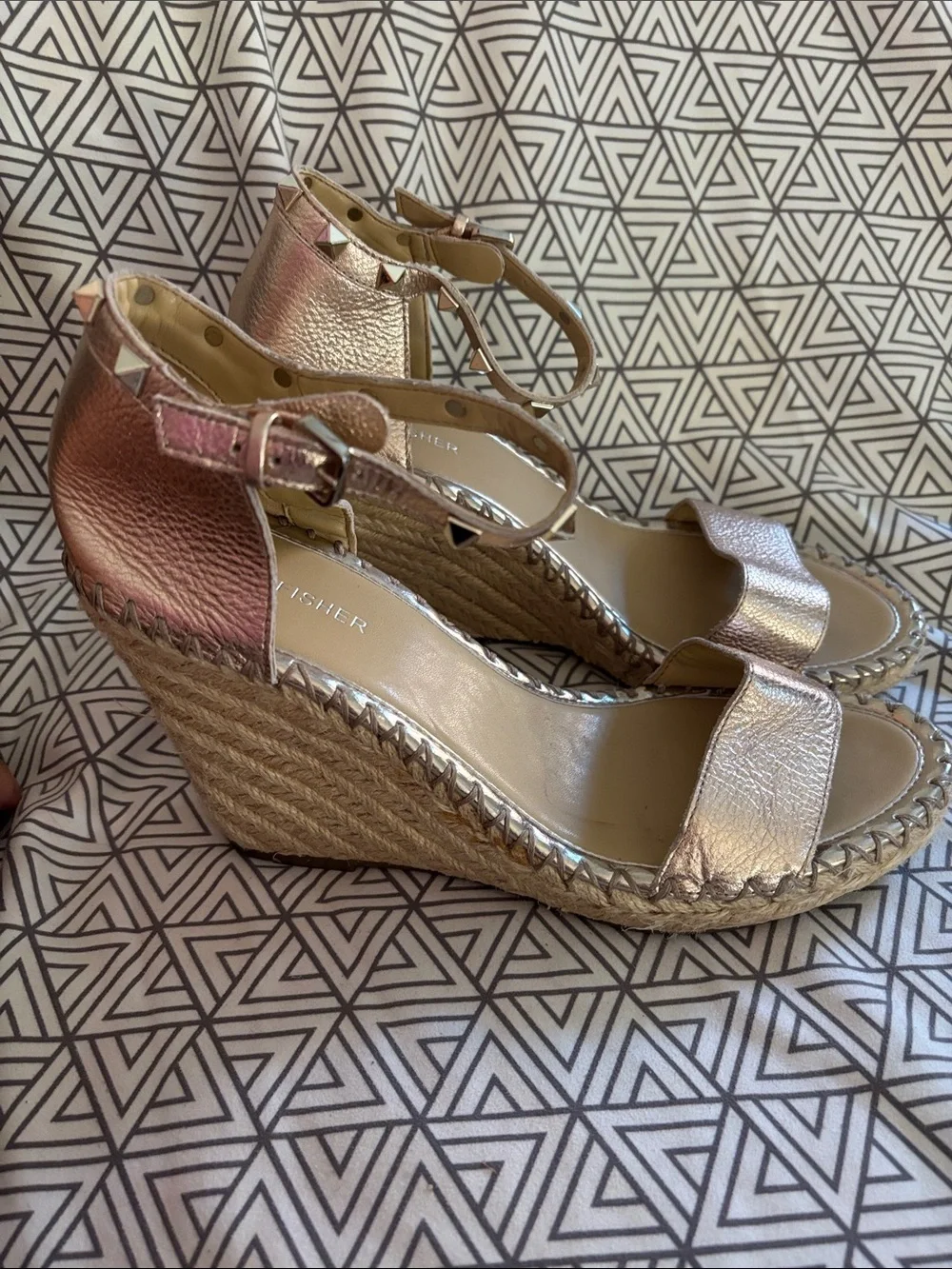 Marc Fisher Metallic Rose Gold Espadrille Wedge Sandals with Ankle Strap